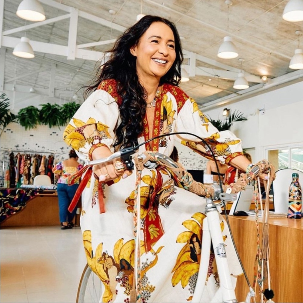 The Farm Rio off white banana mermaid midi dress with mermaid bananas..